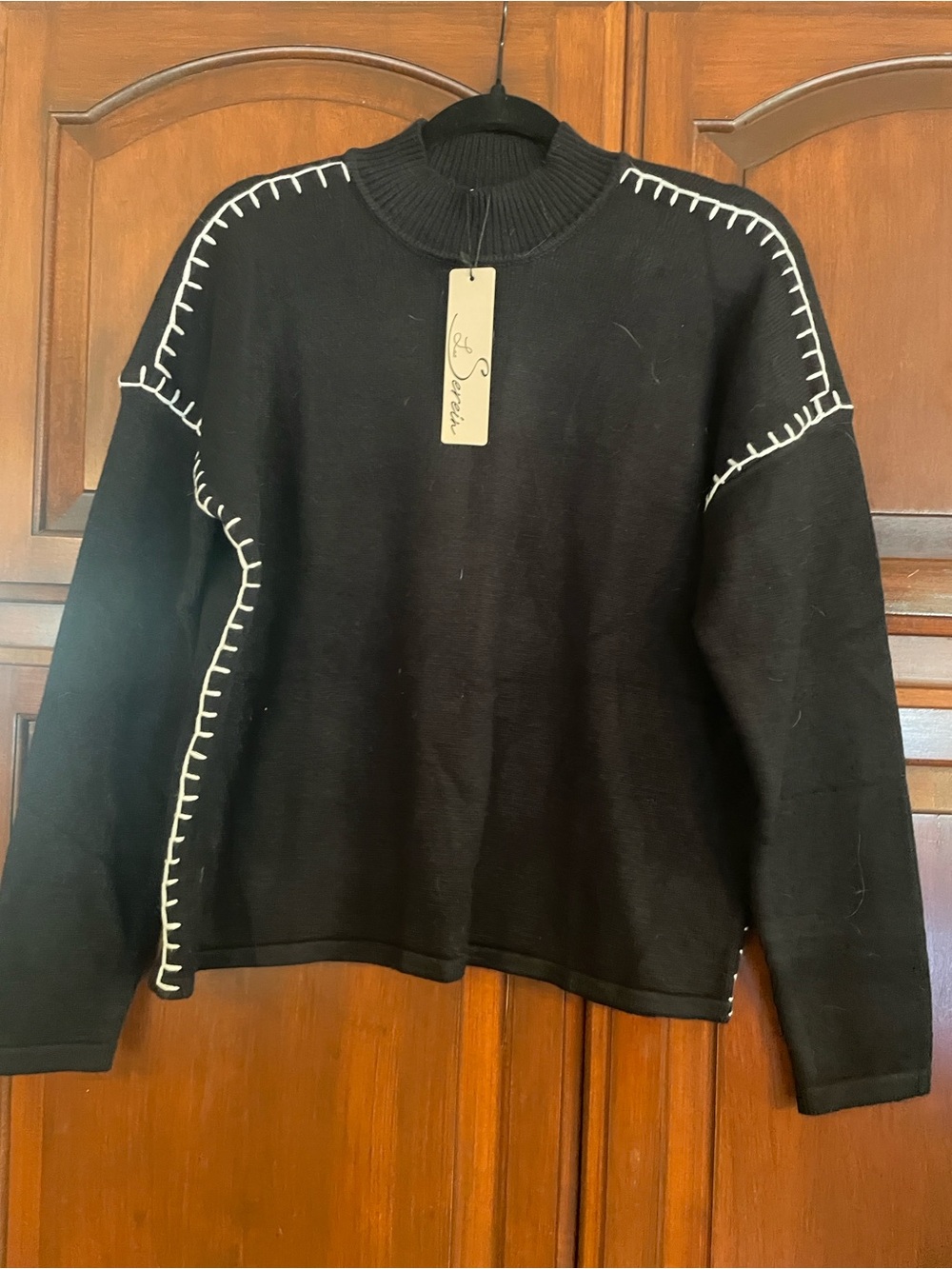Black Contrast-Stitch Turtleneck Sweater
